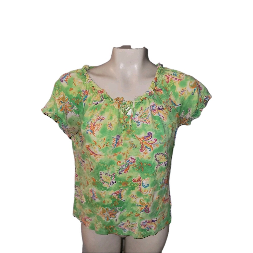 CHAPS Green Floral‎ Laceup Blouse Cap Sleeve Knit Top Cottage Fairy M Beach Sexy
